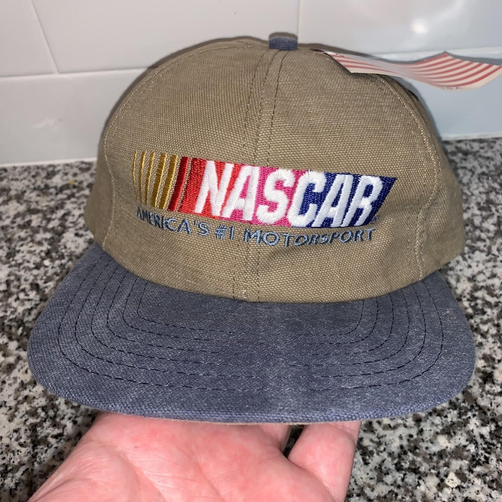 Vintage NASCAR Racing Hat Cap Snap Back Mens One Size Beige Blue Creative Design